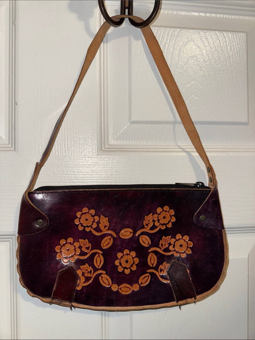 One of a kind Vintage Floral Debossed Leather Bag in Dark Burgundy Brown
